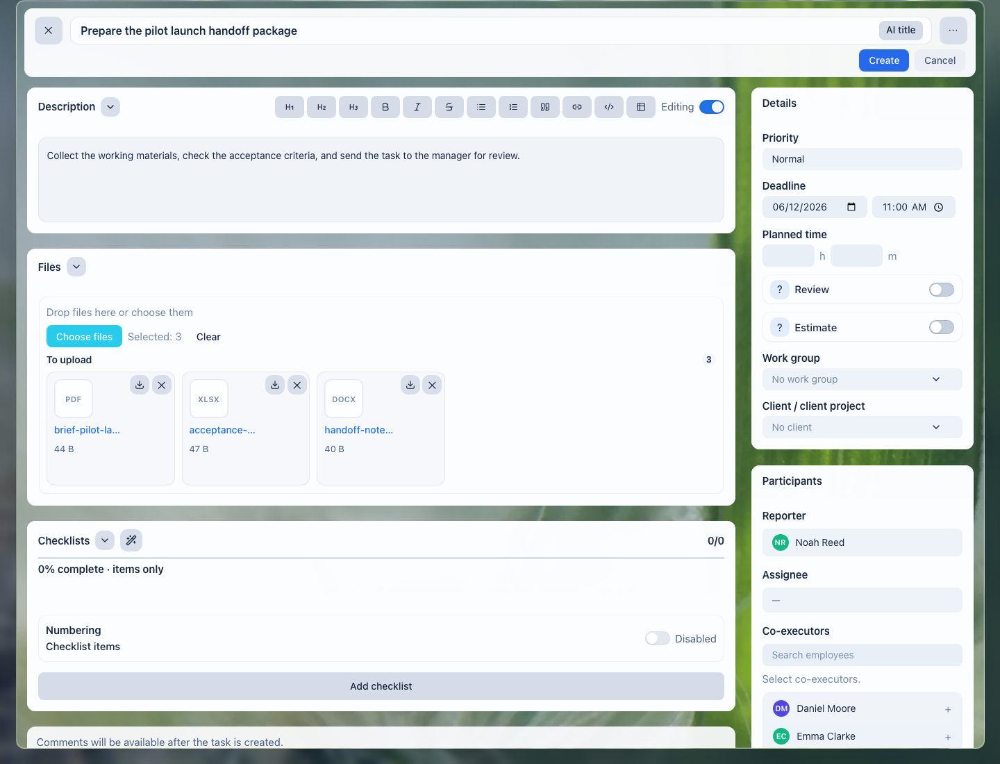 Files when creating a notary office task: client documents and working materials next to the assignment