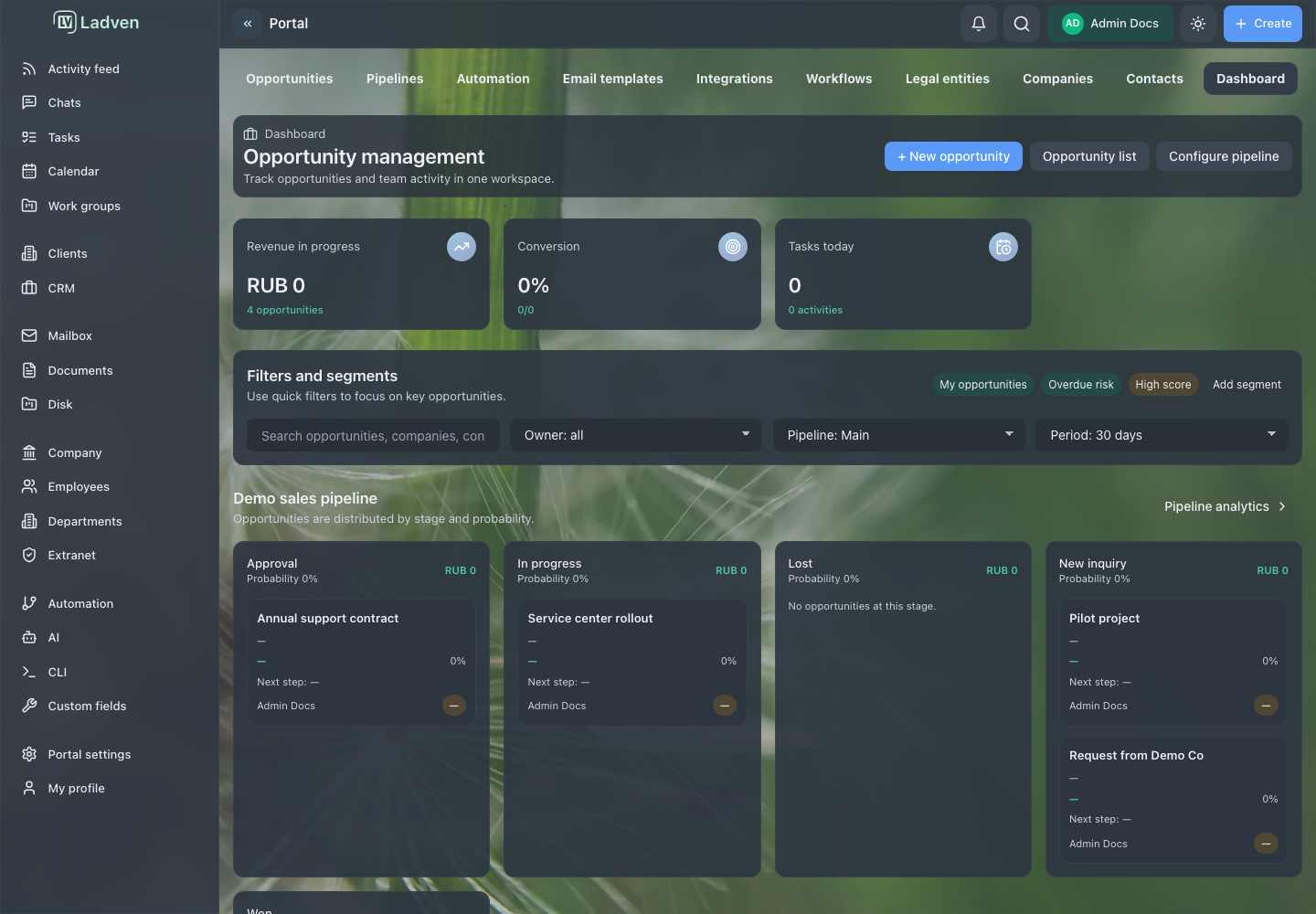 CRM dashboard: opportunity management, key metrics and the Demo sales pipeline stages