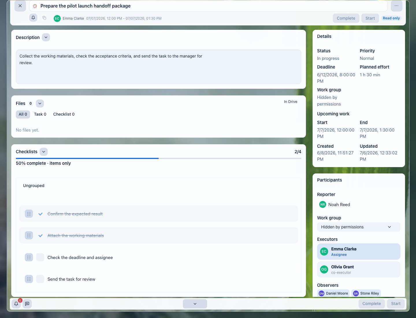 Task details, planned work, and participants in LadVen OS